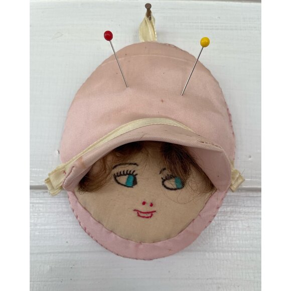 Antique 1930s Pincushion doll Face Embroidered  Silk Pink - Picture 1 of 15